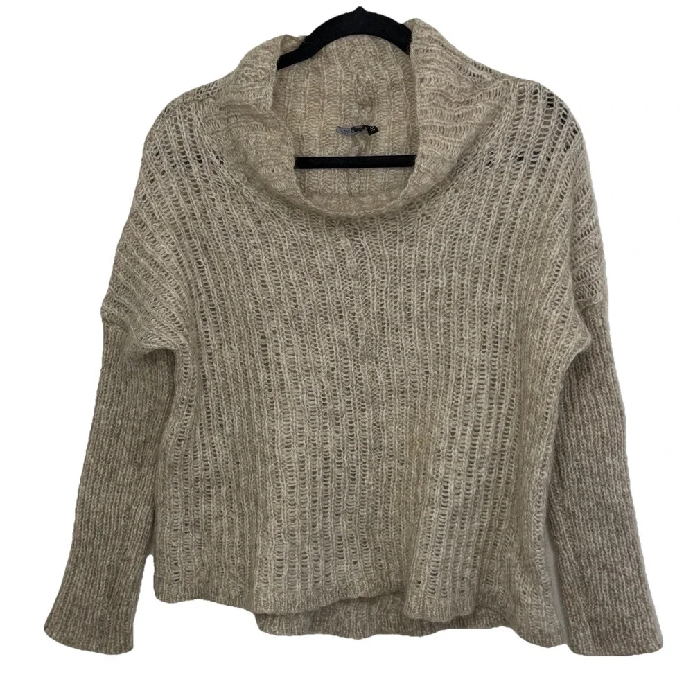 Eileen Fisher Open Knit‎ Mohair Turtleneck Mock Neck Hi Low Oatmeal Sweater Sz L